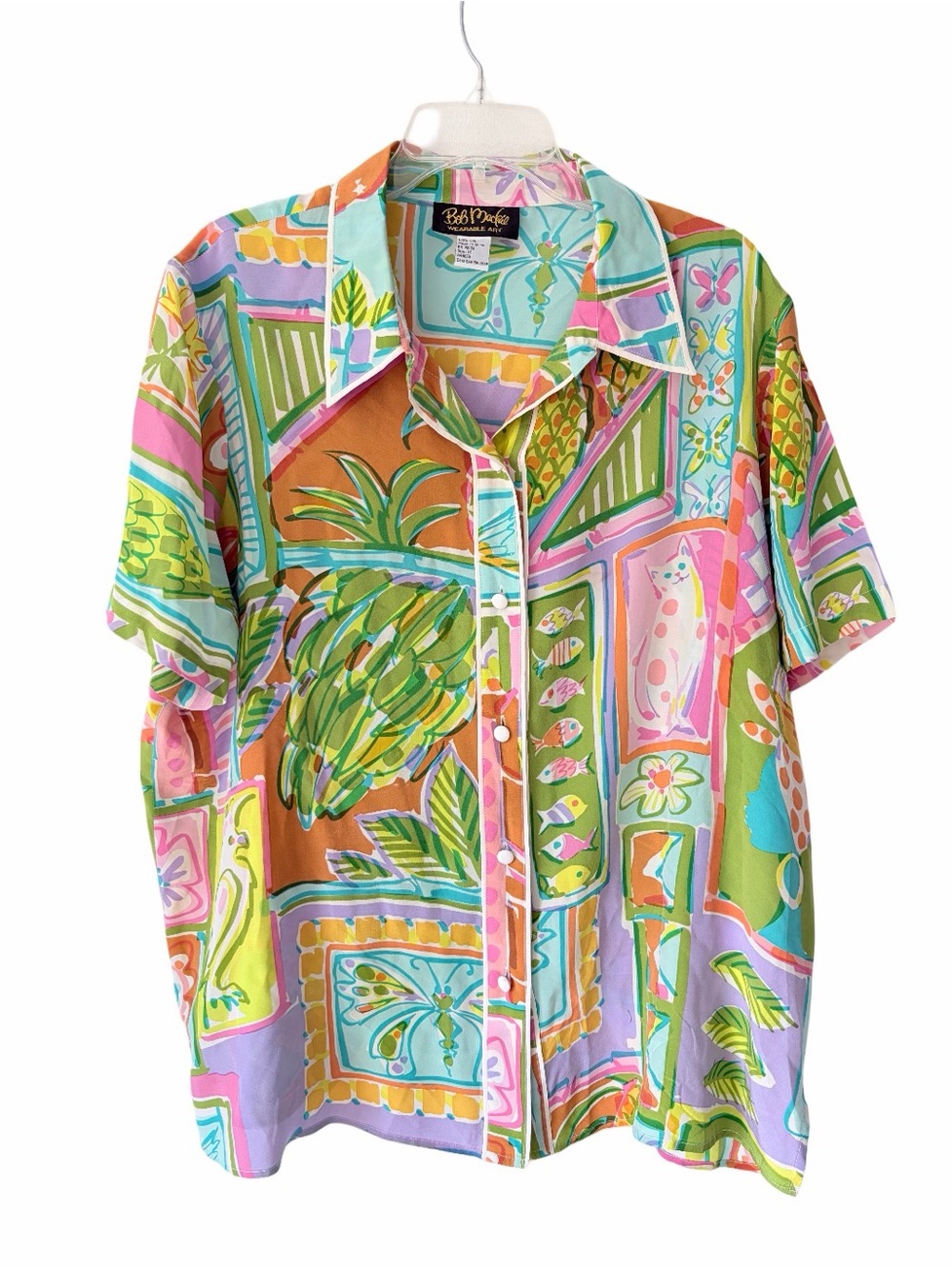 Bob Mackie Silk Cat Fish Tropical Hawaiian Print Button Down Blouse Shirt 1X